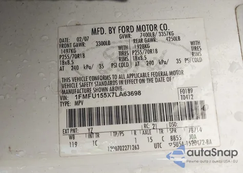 2007 Ford Expedition Xlt from USA, damaged, VIN 1FMFU155X7LA63698